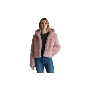 Aoang Faux Fur Coat Women's XL Cropped Hooded Long Sleeve Pink Jacket Zip Up New